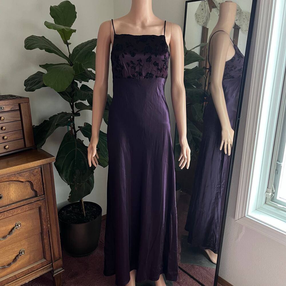 Vintage 90s Plum Satin Burnout Velvet Lace Up Back Maxi Dress